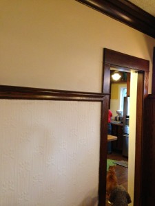 Two tone wall, darker on top, lighter below the picture shelf moulding.